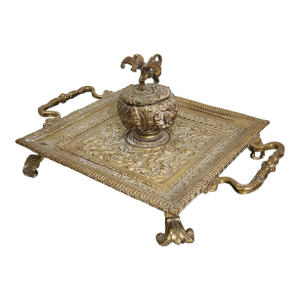Vintage Ornate Brass Pegasus Inkwell Tray With Glass Ink Insert