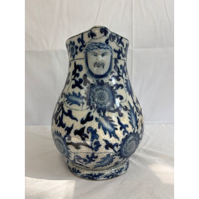 1950s Chinese Blue & White Crackle Glaze Porcelain Pitcher With Figural Face Motif For Sale - Image 9 of 10