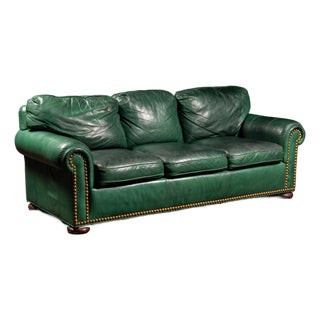 Vintage Leather Rolled-Arm Sofa in Green by Whittemore-Sherrill For Sale