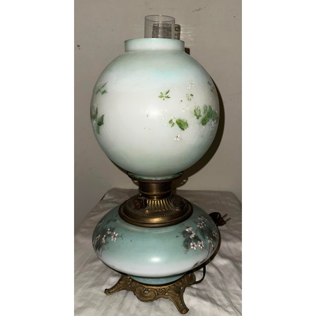 Celadon Antique Victorian Electrified "Gone With the Wind" Hurricane Lamp With Hand-Painted Floral Globe, C. 1895 For Sale - Image 8 of 12