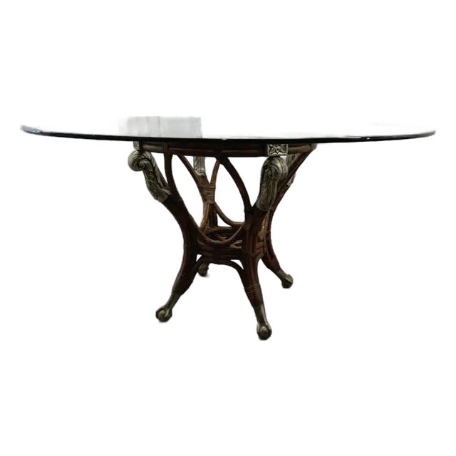 Vintage Bamboo Chippendale Pedestal Glass Top Dining Table For Sale