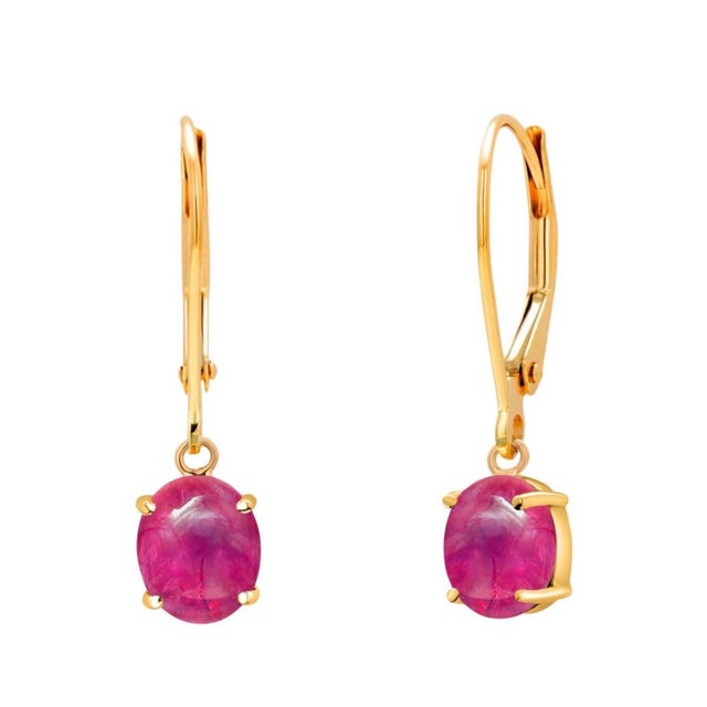 14k Yellow Gold Lever Back Earrings With Matched Cabochon Rubies 2.50 Carats, A Pair For Sale - Image 4 of 6