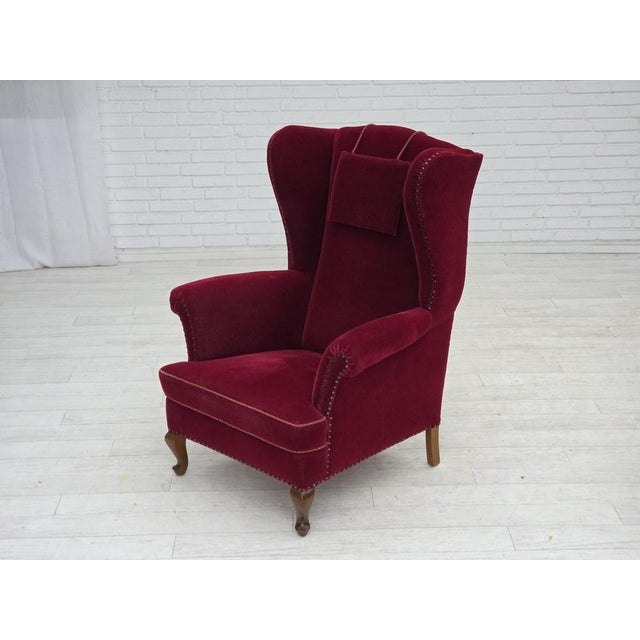 Danish Highback Wingback Armchair in Cherry-Red Velour, 1960s For Sale - Image 16 of 18
