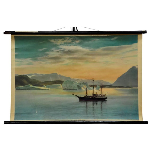 1970s Vintage Landscape Sailing Ship and Coast of Greenland Pull Down Wall Chart For Sale - Image 5 of 5