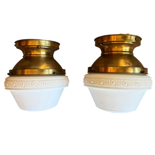 1910s Pair of Beaux Arts Matte Cased Glass Ceiling Light Fixtures on Original Brass Holders For Sale - Image 4 of 7
