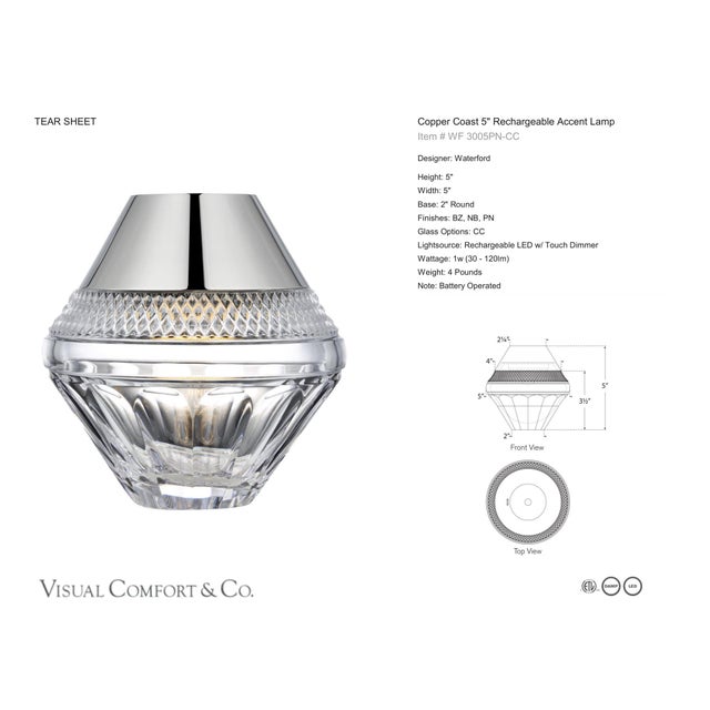 Waterford by Visual Comfort Signature Copper Coast 5" Rechargeable Accent Lamp in Polished Nickel with Clear Crystal...