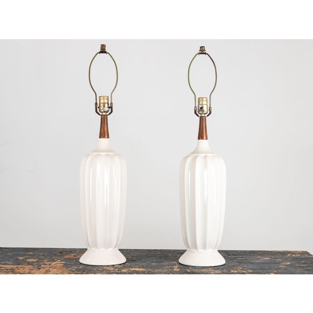 White Mid Century White Ceramic and Walnut Table Lamp, Denmark 1960s For Sale - Image 8 of 9