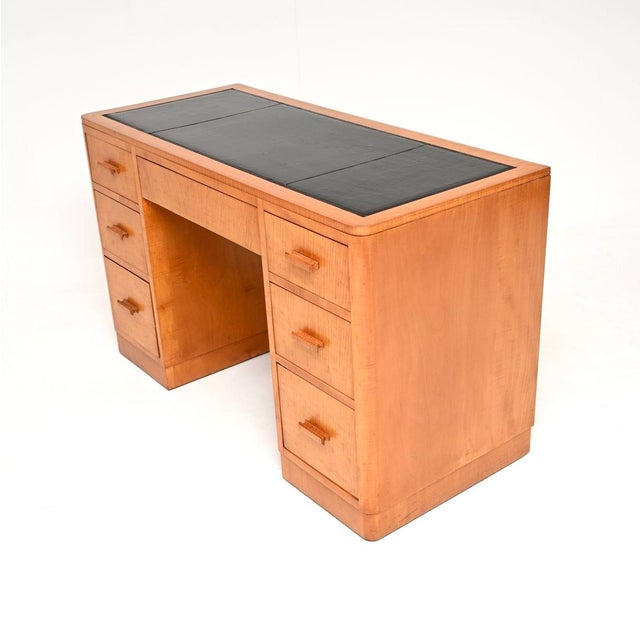 Art Deco Satin Birch Leather Top Pedestal Desk, 1930 For Sale - Image 4 of 11