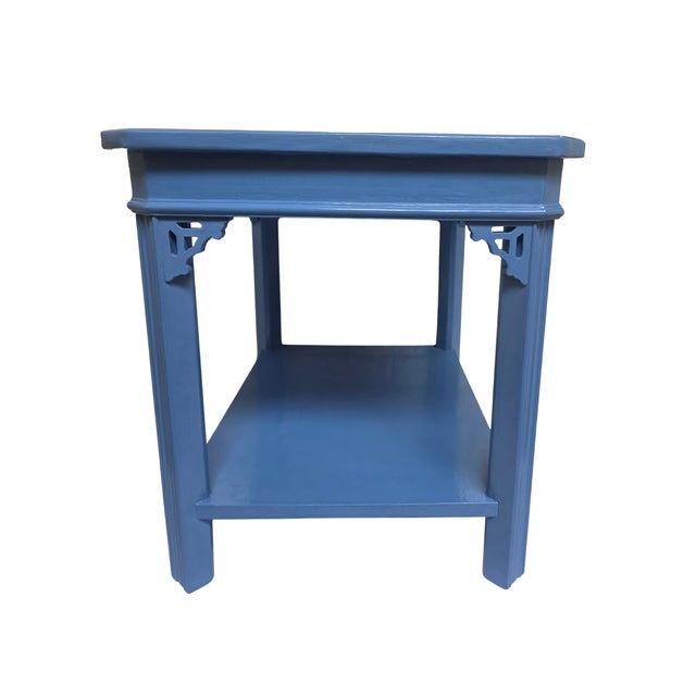 Wood 1970s Wedgewood‑Blue High‑Gloss Chippendale Table • Coastal Chinoiserie Accent For Sale - Image 7 of 7