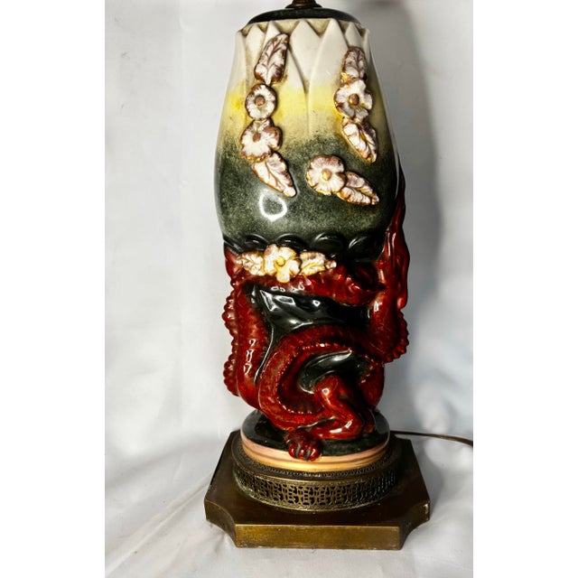 Sculptural Ceramic Dragon Table Lamp With Applied Flowers and Pierced Metal Base For Sale In New York - Image 6 of 9