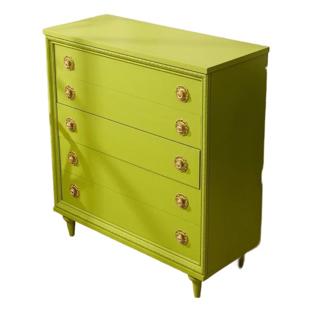 Vintage Chartreuse Highboy Dresser With Ornate Brass Rosette Pulls For Sale