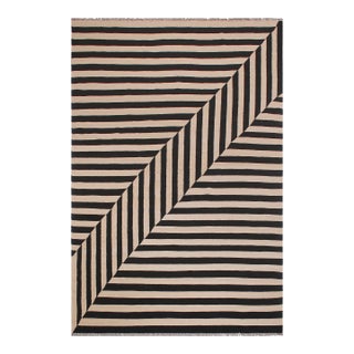 Early 21st Century Modern Bauhaus Kilim Beige Black Wool Rug For Sale