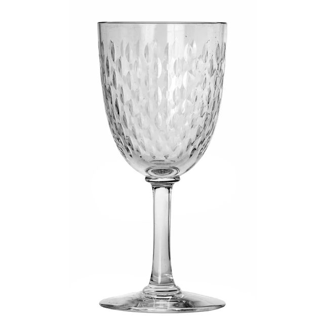Stunning cut crystal wine/water goblets with a repeat marquis cutwork pattern. A pair. No brand name indicated.