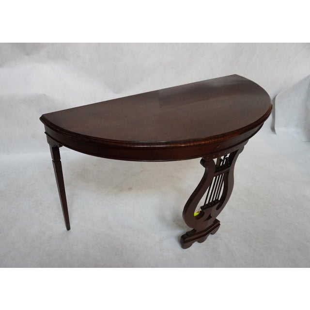 Mid 20th Century Mid 20th Century Pair of Demilune Consoles With Harp / Lyre Detail For Sale - Image 5 of 18