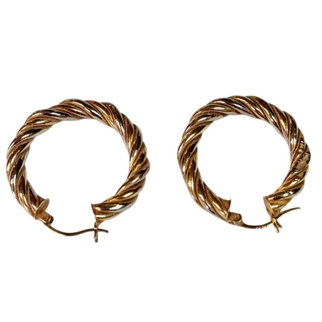 Modern 14k White and Yellow Gold Twisted Rope Hoop Earrings a Pair For Sale - Image 3 of 7