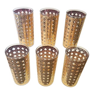 Mid Century Culver Basketweave Tumblers Canela Pattern - Set of 6 For Sale
