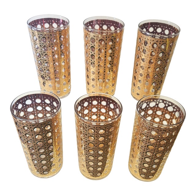 Mid Century Culver Basketweave Tumblers Canela Pattern - Set of 6 For Sale