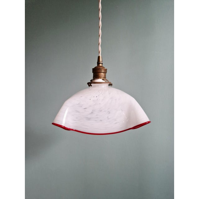 Metal Art Deco Pendant Light in Pleated Speckled Glass, 1930s For Sale - Image 7 of 14