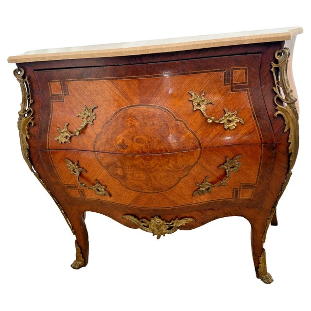 Brown Antique French Bombe Nightstand, Commode Chest of Drawers, Inlays, Marble Top For Sale - Image 8 of 13