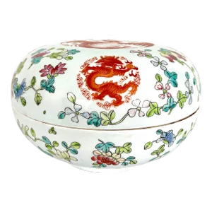 Vintage Red Pheonix & Dragons White Porcelain Chinese Lidded Serving Bowl (Gift Box), a Pair Available