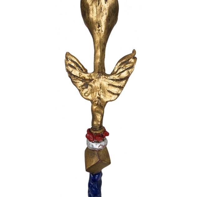 A pair of vintage MAC California (MAC Sculpture) eagle candlesticks. Gilt eagle form with cobalt stems and talon bases....