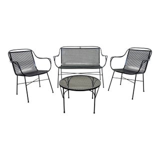 Mid Century Modern Outdoor Wrought Iron Chairs, Loveseat & Table Attributed to Salterini For Sale