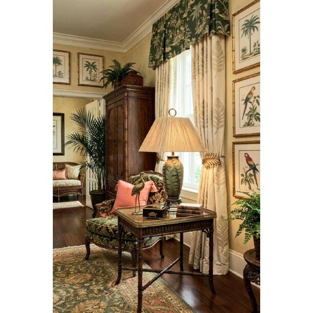 1990s Tropical Banana Leaf Iron Base Regency Raffia Shade Table Lamp For Sale In West Palm - Image 6 of 9