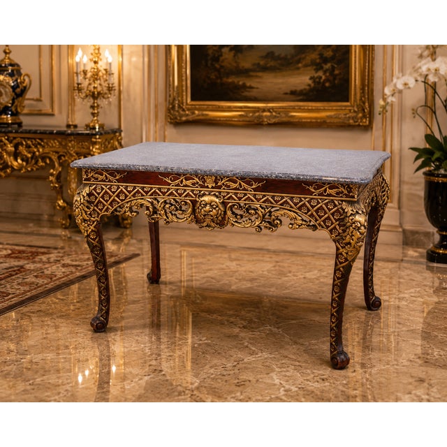 Late 20th Century Italian Painted & Parcel-Gilt Marble Top Console Table With Mythical Mask Carvings, 48.5" For Sale In Los Angeles - Image 6 of 6