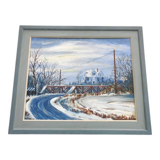 Late 20th Century Rural Winter Landscape Acrylic Painting, Framed For Sale