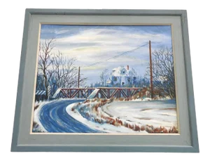Late 20th Century Rural Winter Landscape Acrylic Painting, Framed
