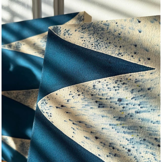 Raw canvas featuring dark blue geometric design in ink and acrylic, neutral cream background matches many themes in a home...