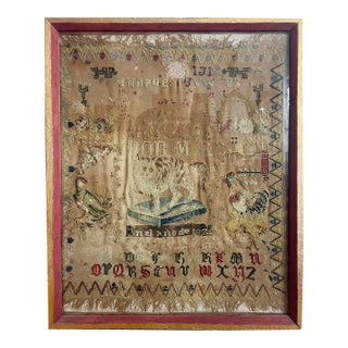 Framed 1824 Needlework “Sampler” With Animal Themes & Typical Alphabet and Numerical Patterns For Sale