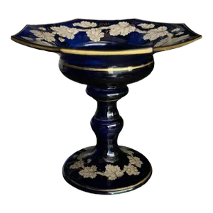 Cobalt Hand Painted Glass Compote