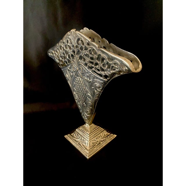 Vintage Ornate Fan Vase, Art Nouveau-Style Scrollwork, a Reticulated Top Edge, and a Central Pineapple Motif. For Sale - Image 12 of 15