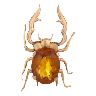 Late 19th Century Victorian 4.40 Carat Citrine 18k Yellow Gold Stag Beetle Brooch For Sale