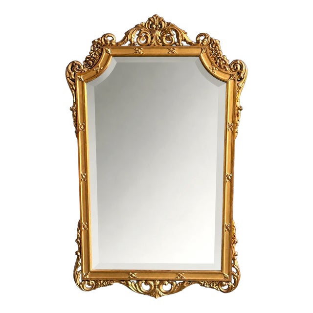 French Louis XV Style Hand-Carved Giltwood Wall Mirror with Beveled Glass, 1950s For Sale
