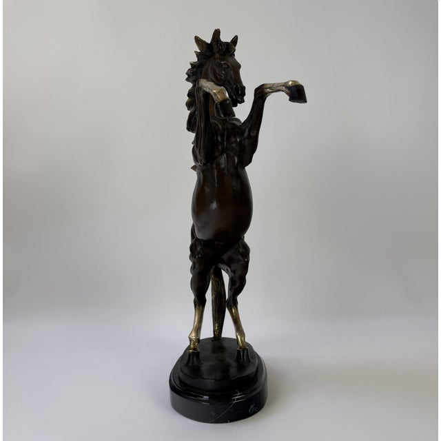 Metal Bronze Rearing Horse Sculpture, 25” H – Prancing Stallion on Marble Base For Sale - Image 7 of 8