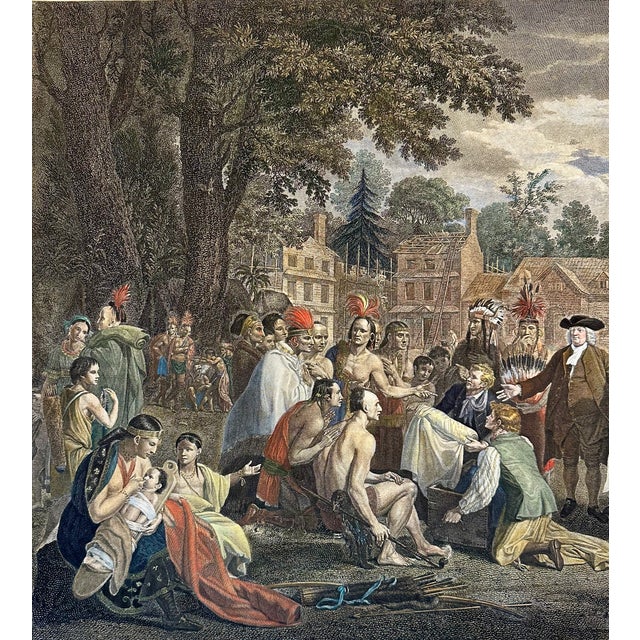 American Late 18th Century William Penn's Treaty With the Indians — Original Hand-Colored Engraving by Hall, Circa 1683 For Sale - Image 3 of 7