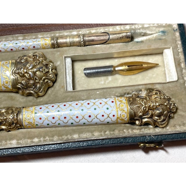 French Set of 6, 1800's French Sterling Silver Gilt Paillonné Enamel Was Seal Pen Writing Set For Sale - Image 3 of 14