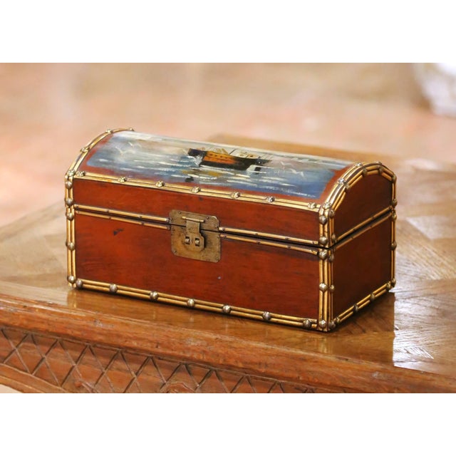 Coastal Set of Four Vintage Hand-Painted Wooden Treasure Boxes With Maritime Scenes For Sale - Image 3 of 13