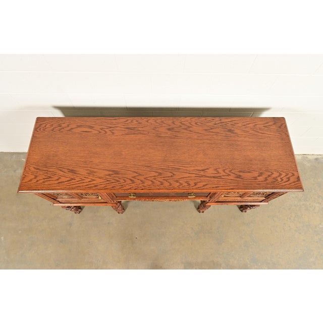 Early Romweber Antique English Jacobean Carved Oak and Burl Wood Sideboard, Circa 1900 For Sale - Image 15 of 18
