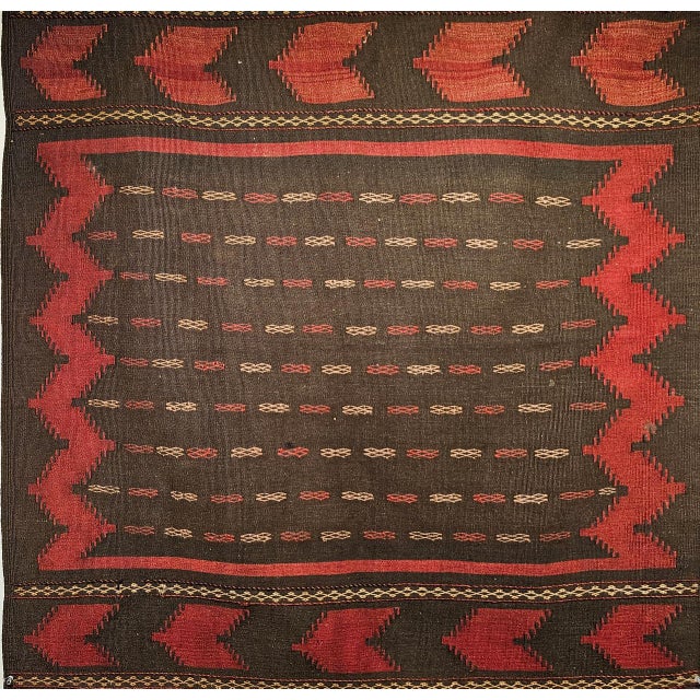 Vintage Baluch Sofreh Tribal Kilim, Handwoven Wool, Geometric Pattern, Brown & Red, 4x4 For Sale - Image 10 of 10