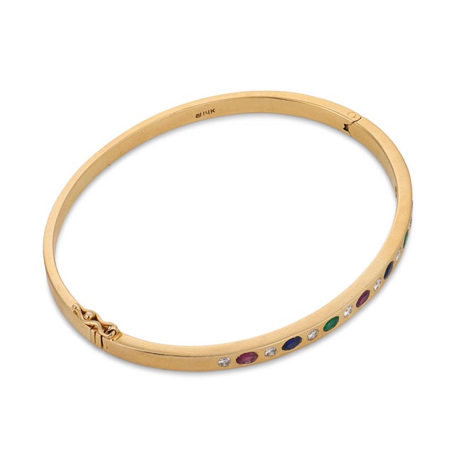 Contemporary Vintage Diamond Ruby Emerald Sapphire 14k Yellow Gold Bangle For Sale - Image 3 of 8