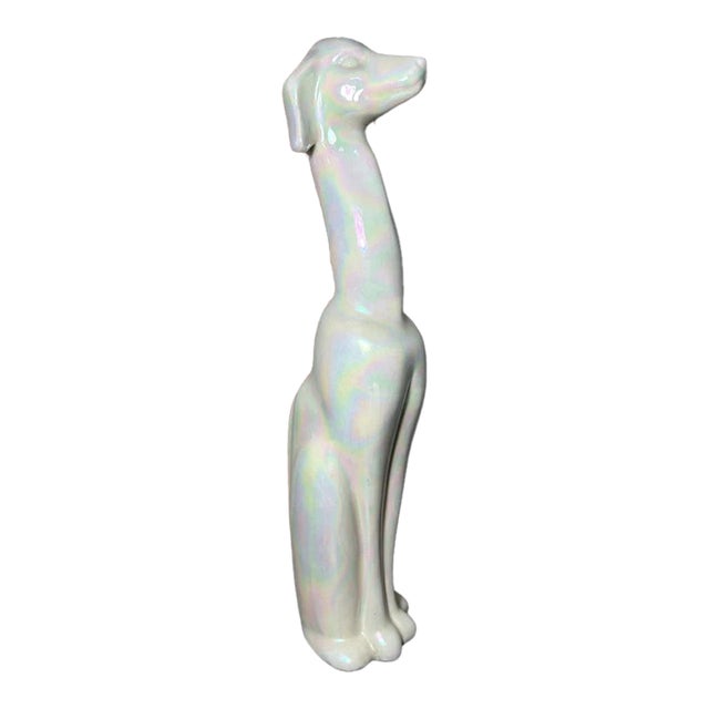 Vintage 1950’s American Mid Century Modern Usa Pottery Iridescent White Crackle Glazed Ceramic Greyhound Dog Sculpture (#508) For Sale