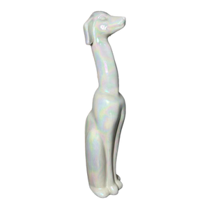Vintage 1950’s American Mid Century Modern Usa Pottery Iridescent White Crackle Glazed Ceramic Greyhound Dog Sculpture (#508)