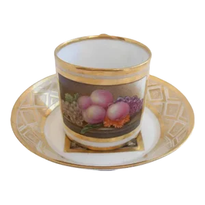 1810 Antique Paris Porcelain Coffee Can & Saucer with Painted Fruits in the Derby Manner