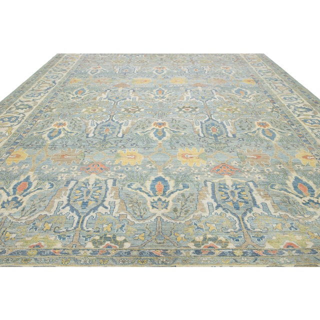 Light Blue Contemporary Sultanabad Wool Rug With Floral Pattern by Apadana For Sale - Image 9 of 11