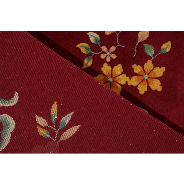 1950s Hand-Knotted Vintage Chinese Art Deco Rug, Red and Gold FLoral Pattern For Sale - Image 5 of 6