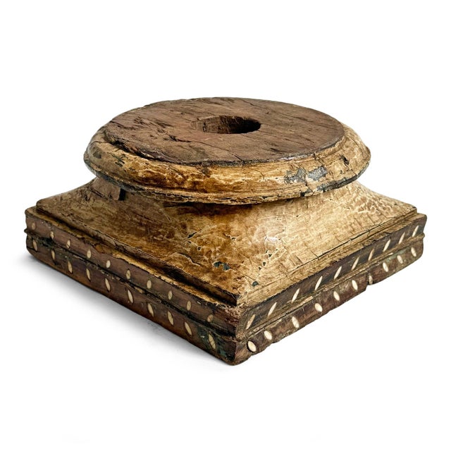 Antique Indian column base repurposed into a one of a kind candle stand. Solid teak wood with inlay detail. Beautiful...