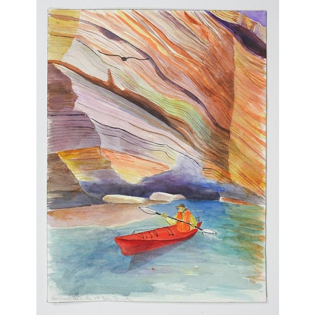Late 20th century watercolor on paper painting of kayaker on river in painted canyon. Unsigned. Unframed.